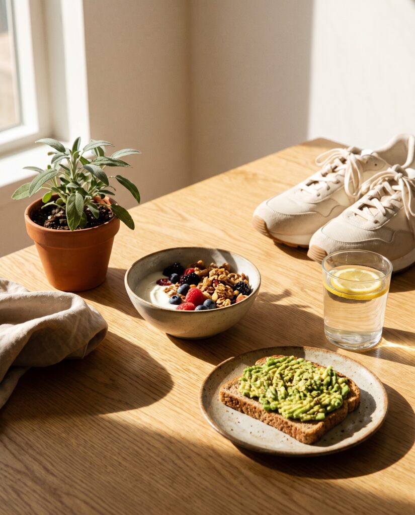 Desayuno saludable y zapatillas