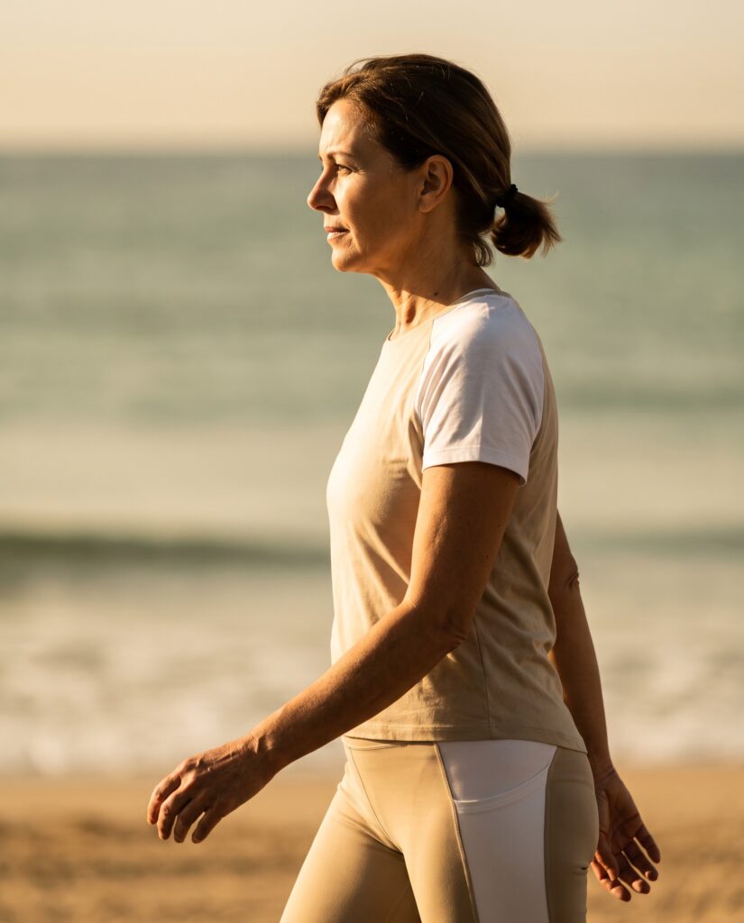 Mujer caminando por el paseo marítimo de Valencia al amanecer